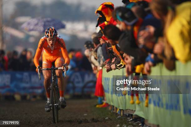 Lars Boom of the Netherlands on his way to victory in the men's elite race during the UCI Cyclo Cross World Championship at Lago Le Bandie on January...