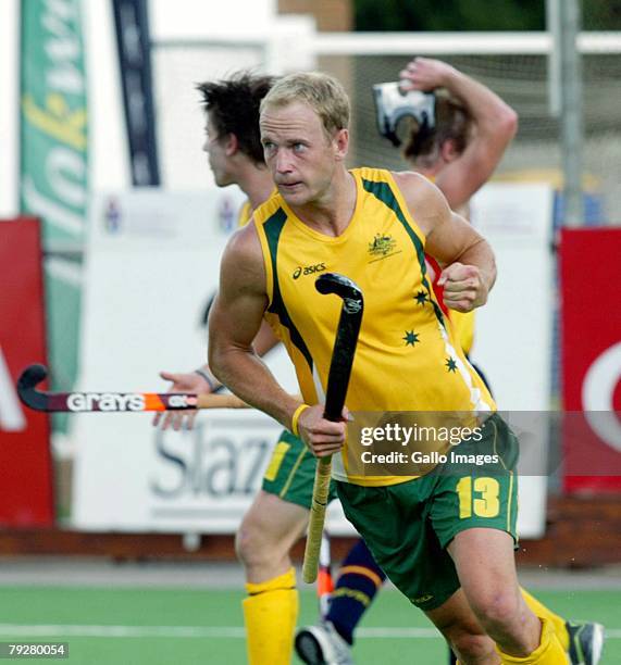 Luke Doerner of Australia scores the opening during the Five Nations Men's Hockey tournament final between Australia and Spain held at the North West...