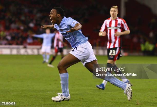 Daniel Sturridge of Manchester City celebrates scoring his team's first goal during the E.ON sponsored FA Cup Fourth Round match between Sheffield...