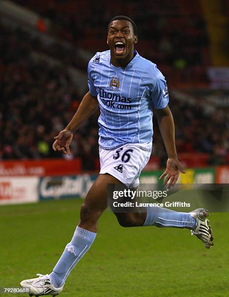 Daniel Sturridge of Manchester City celebrates scoring his team's first goal during the E.ON sponsored FA Cup Fourth Round match between Sheffield...