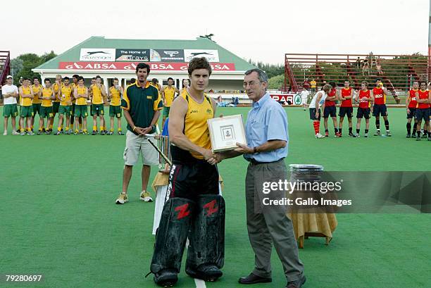 Nathan Burgers recierves the Goalkeeper of the Tournament award during the Five Nations Mens Hockey tournament final between Australia and Spain held...