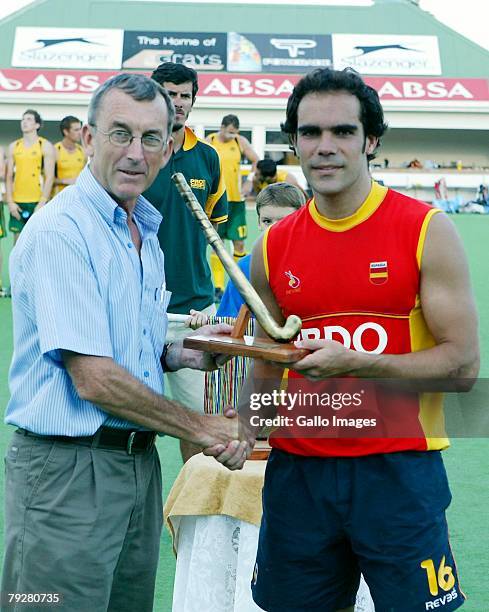 Xavi Ribas receives the Top Scorer of the Tournament award during the Five Nations Mens Hockey tournament final between Australia and Spain held at...