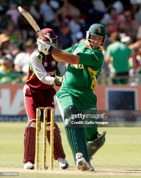 Graeme Smith of South Africa plays a shot as keeper Denesh Ramdin looks on during the 3rd ODI between South Africa and West Indies held at Sahara...