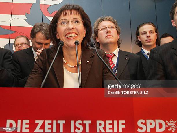 Social Democratic Party top candidate Andrea Ypsilanti celebrates after exit polls of the parliamentary state elections in Hesse, 27 January 2008 in...