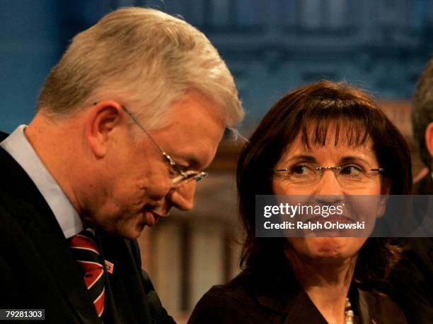 Andrea Ypsilanti , top candidate of the Social Democratic Party and Roland Koch, Governor of the German state of Hesse attend a television debate...