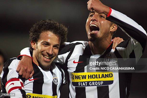 Alessandro Del Piero and David Trezeguet of Juventus celebrate after the goal to 0-3 by Trezeguet during the Italian Serie A football match against...