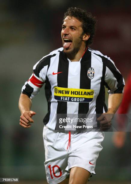 Alessandro Del Piero of Juventus celebrates scoring during the Serie A match between Livorno and Roma at the Stadio Armando Picchi on January 27,...