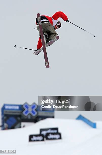 Andreas Hatveit of Sudndalen, Norway spins a trick enroute to winning the Men's Skiing Slopestyle at Winter X Games Twelve at Buttermilk Mountain on...