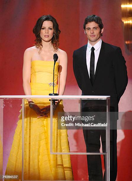 Actors Mary-Louise Parker and James Marsden on stage at the TNT/TBS broadcast of the 14th Annual Screen Actors Guild Awards at the Shrine Auditorium...