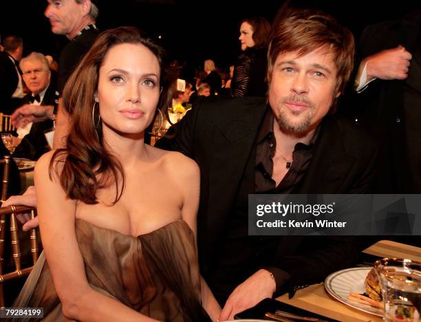 Actress Angelina Jolie and actor Brad Pitt attend the cocktail party during the 14th annual Screen Actors Guild awards held at the Shrine Auditorium...