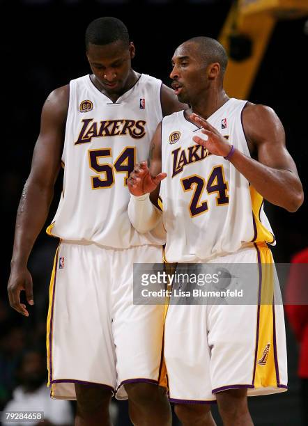 Kwame Brown and Kobe Bryant of the Los Angeles Lakers talk during the game against the Cleveland Cavaliers at Staples Center January 27, 2008 in Los...