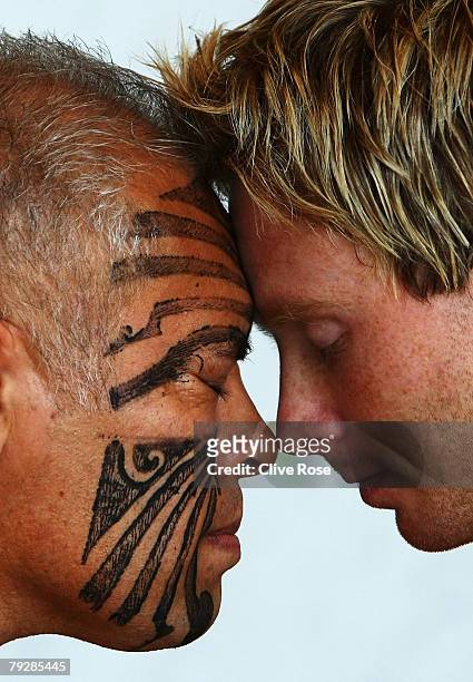Ian Bell of England participates in the traditional Maori welcome ceremony at the team hotel on January 28, 2008 in Christchurch, New Zealand.