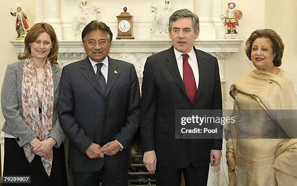 British Prime Minister Gordon Brown and his wife Sarah welcome Pakistan President Pervez Musharraf and his wife Sehba at 10 Downing Street on January...