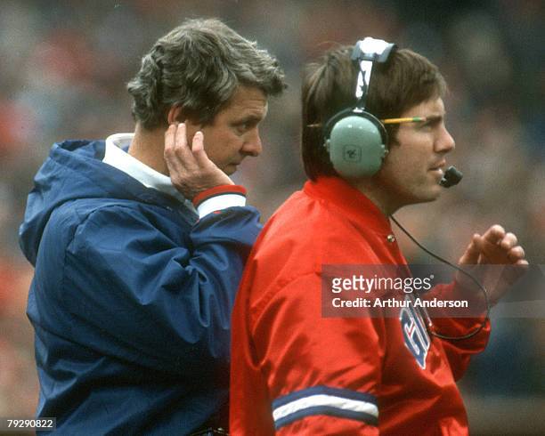 New York Giants head coach Bill Parcells and defensive coordinator Bill Belichick on the sideline in a 21-0 loss to the San Francisco 49ers in the...