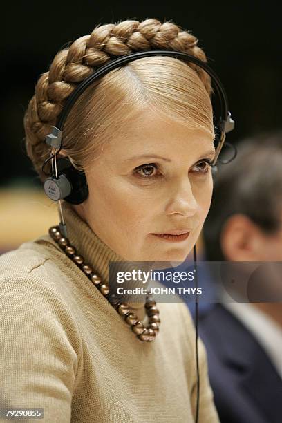 Ukrainian Prime Minister Yulia Tymoshenko sits at the EU Parliament in Brussels, 28 January 2008. Tymoshenko denied that her country wished to use...