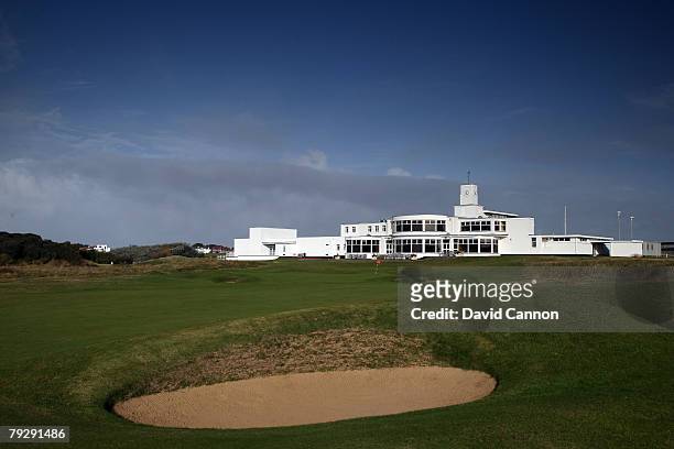 The clubhouse behind the 18th green at Royal Birkdale Golf Club venue for the 2008 Open Championship, on October 9, 2007 in Southport, England