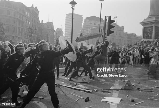 Police and demonstrators clash in Trafalgar Square during rioting, which arose from a demonstration against the Poll Tax, London, 31st March 1990.