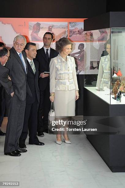 Queen Sophia of Spain visits the Africa House with representatives of the Government of Gran Canaria on January 28, 2008 in Las Palmas, Spain.