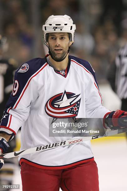 Michael Peca of the Columbus Blue Jackets looks on during the NHL game against the Dallas Stars at the American Airlines Center on January 22, 2008...