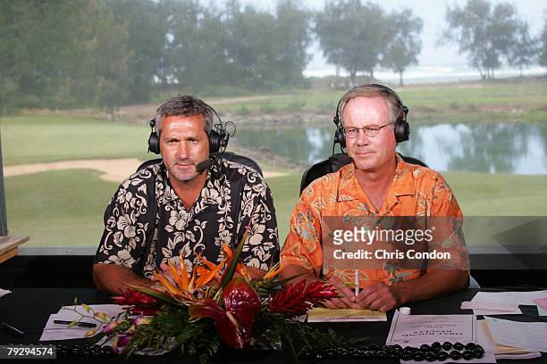 Frank Nobilo and Mark Rolfing announce from the booth at for The Golf Channel during the second round of the Champions Tour Turtle Bay Championship...
