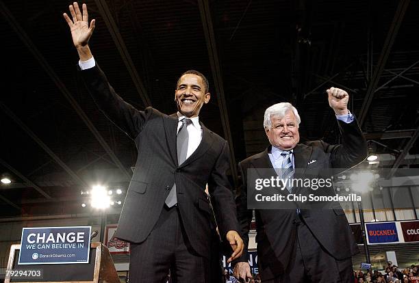 Sen. Barack Obama and Sen. Edward Kennedy participate in a campaign rally in the Bender Arena at American University January 28, 2008 in Washington,...