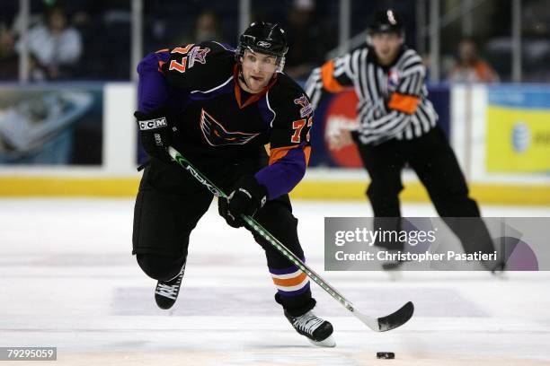 Ryan Parent of the Philadelphia Phantoms controls the puck during the second period against the Bridgeport Sound Tigers on January 23, 2008 at the...