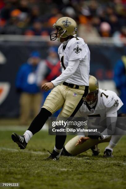 Martin Gramatica of the New Orleans Saints kicks a field goal against the Chicago Bears on December 30, 2007 at Soldier Field in Chicago, Illinois....