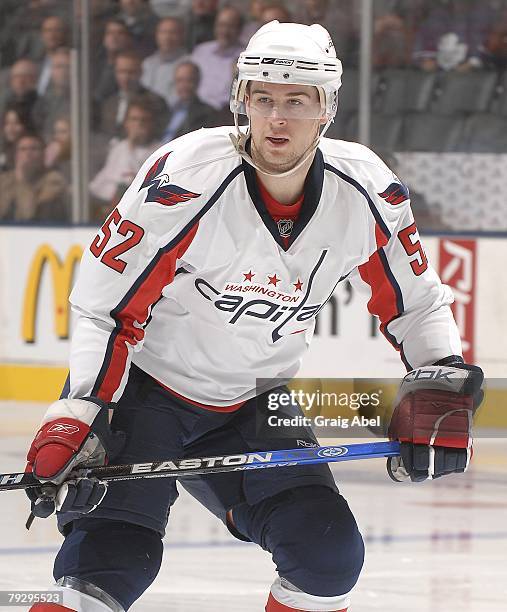 Mike Green of the Washington Capitals skates against the Toronto Maple Leafs on January 23, 2008 at the Air Canada Centre in Toronto, Ontario, Canada.