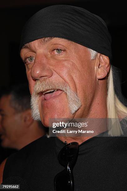 Hulk Hogan poses alongside a Vegas style slot machine at the Seminole Hard Rock Hotel and Casino on January 28, 2008 in Hollywood Florida.