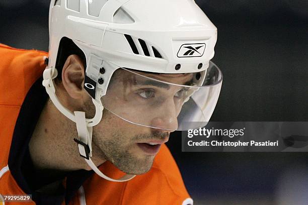 Trevor Smith of the Bridgeport Sound Tigers prepares for a face off during the third period against the Philadelphia Phantoms on January 23, 2008 at...