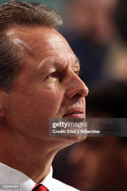 Assistant Coach Mike Kitchen of the Florida Panthers watches from the bench against the Edmonton Oilers at the Bank Atlantic Center on January 24,...