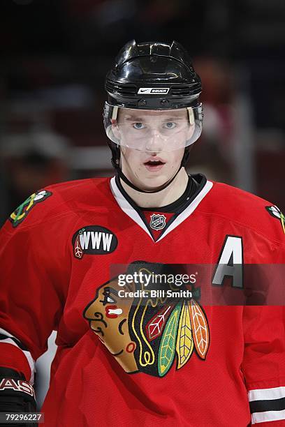 Jonathan Toews of the Chicago Blackhawks looks on during a game against the Edmonton Oilers on December 23, 2007 at the United Center in Chicago,...