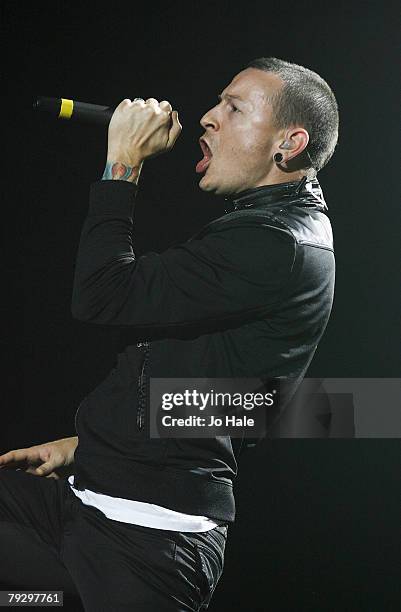 Chester Bennington of Linkin Park performs at the 02 Arena January 28, 2008 in London, England.