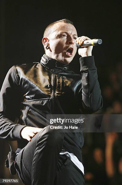 Chester Bennington of Linkin Park performs at the 02 Arena January 28, 2008 in London, England.