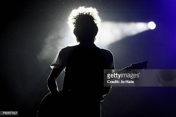 Brad Delson of Linkin Park performs at the 02 Arena January 28, 2008 in London, England.