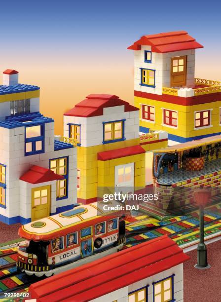 toy, railroad station, high angle view - toy block town stock pictures, royalty-free photos & images