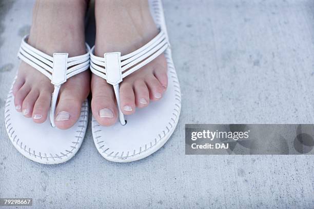 womans feet wearing beach sandals, close up, high angle view, copy space - beton person close stock-fotos und bilder