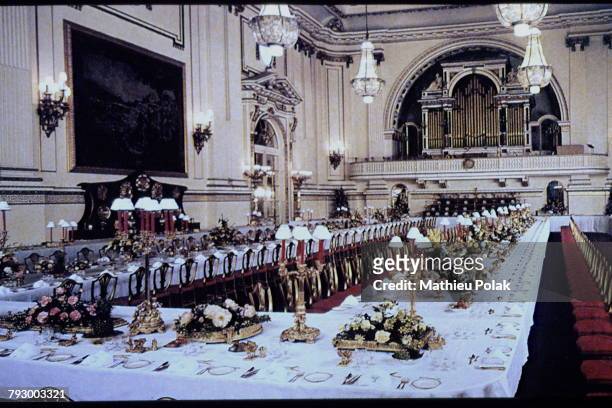 Buckingham Palace ballroom prepared for a banquet.