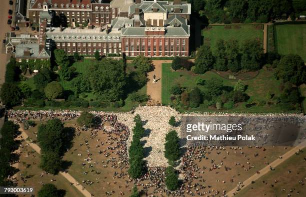 Vue aérienne de l'océan de fleurs en hommage à la Princesse Diana devant Kensington Palace à Londres.