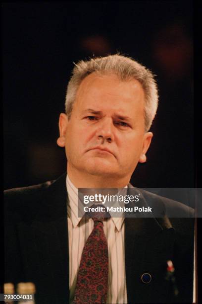 International conference about Yugoslavia in London - Portrait of Serbian President Slobodan Milosevic.