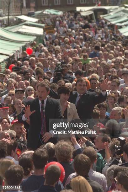 Tony Blair, Cherie Blair and John Prescott in tha market place in Stockton-on-Tees, County Durham, England, on the last day of campaigning for the UK...