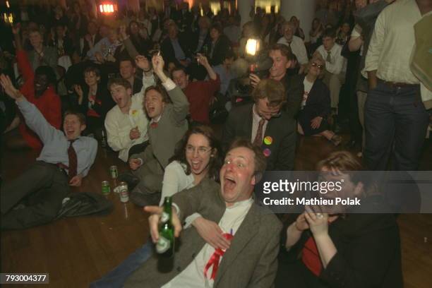 Labour Party supporters celebrate victory in the UK general election, at the Royal Festival Hall, London, 2nd May 1997. Labour, under Tony Blair has...