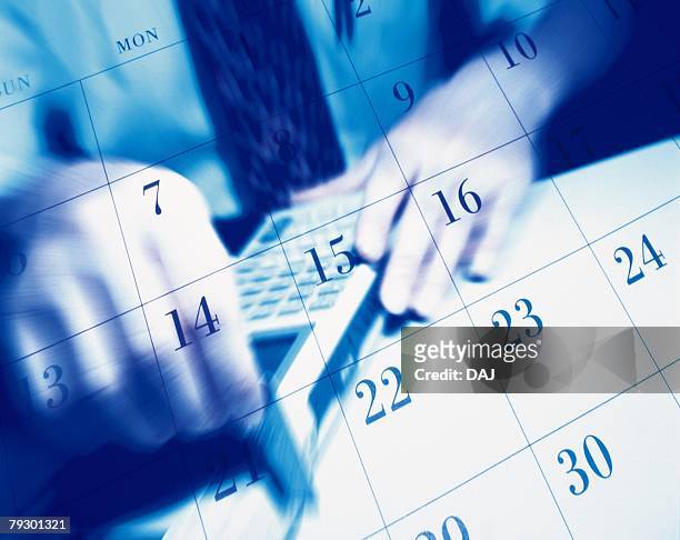 businessman swiping card through card reader and image of calendar, cg, composition, close up, blurred motion - tie pin stock-fotos und bilder