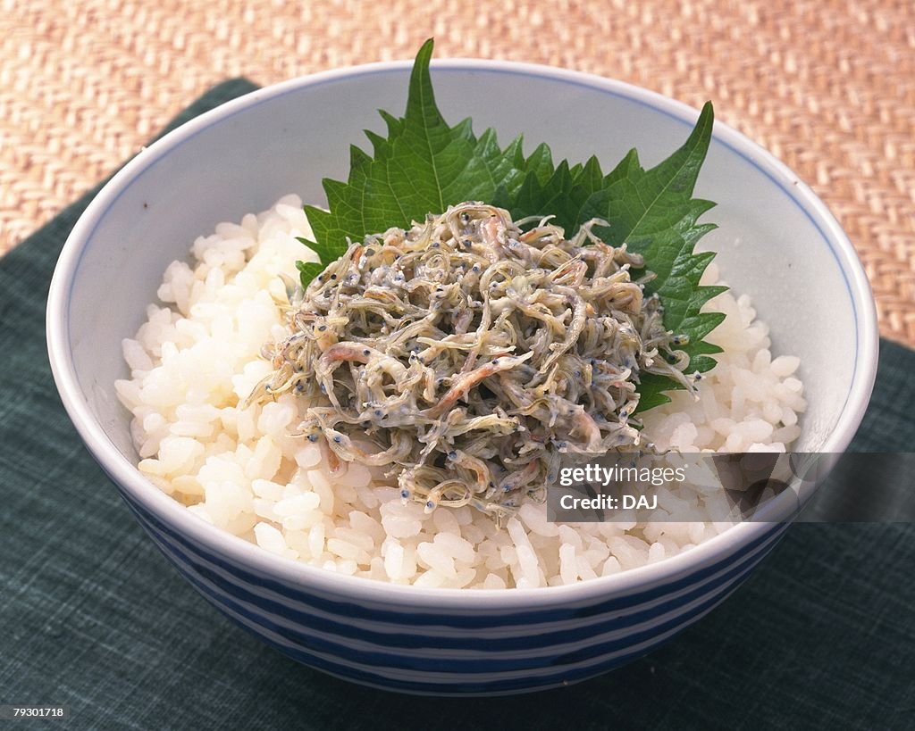 Dried young sardines on rice in bowl, high angle view, differential focus