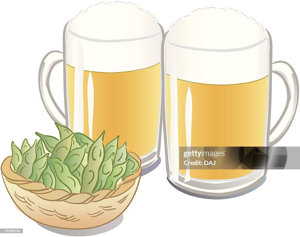 Two glasses of beer and Soybeans(Edamame) in bowl