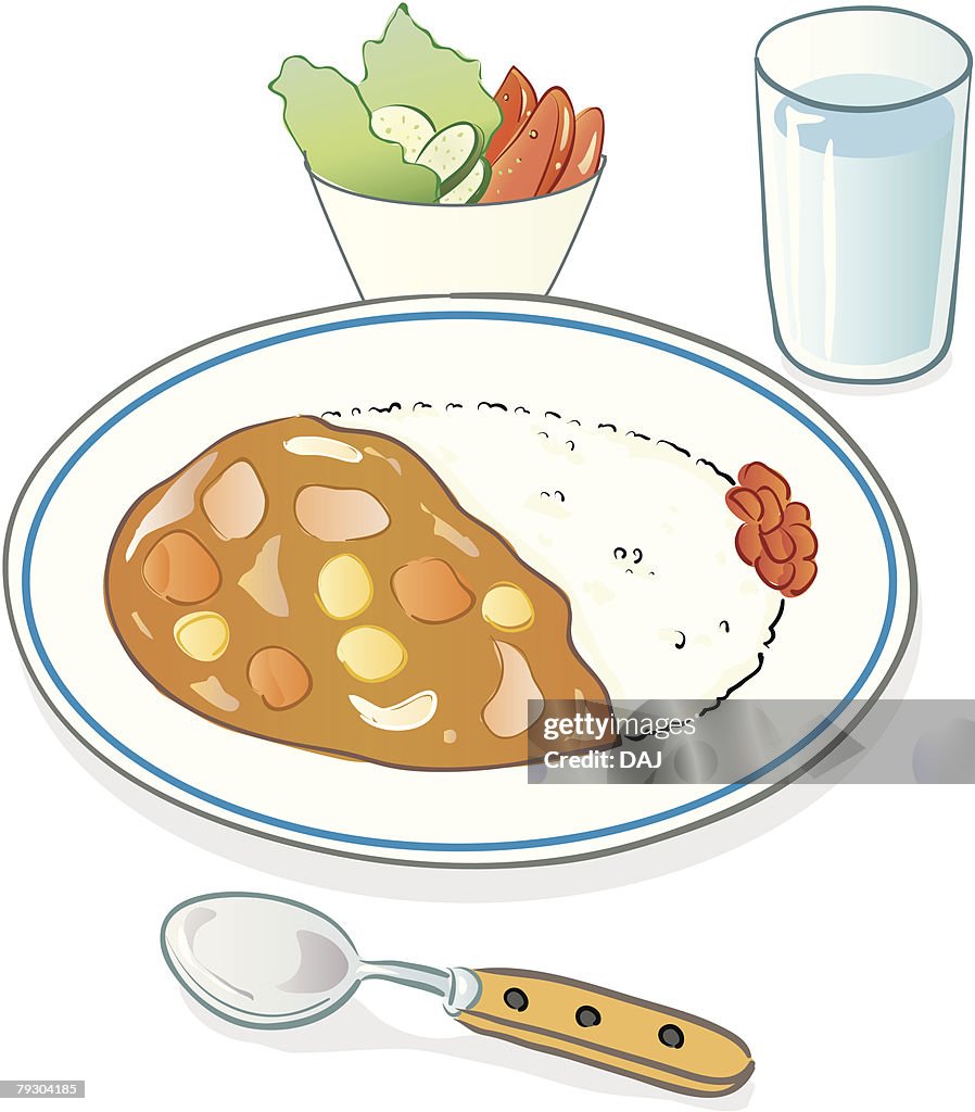 White rice and curry served with salad and water