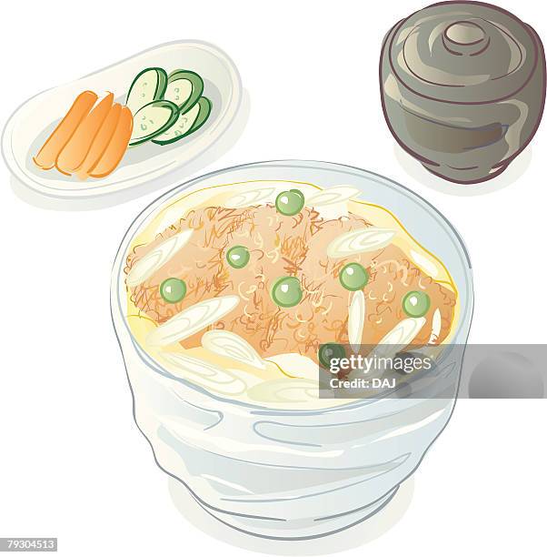 katsudon, soup and pickles, japan - pickled cucumber soup stock illustrations