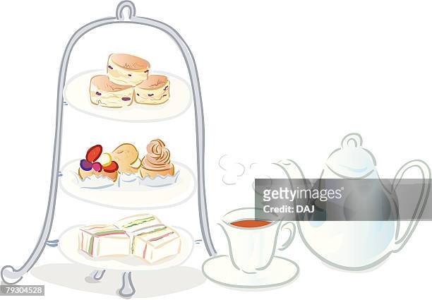 table set for tea with scones, cakes and sandwiches on cake stand - スコーン点のイラスト素材／クリップアート素材／マンガ素材／アイコン素材