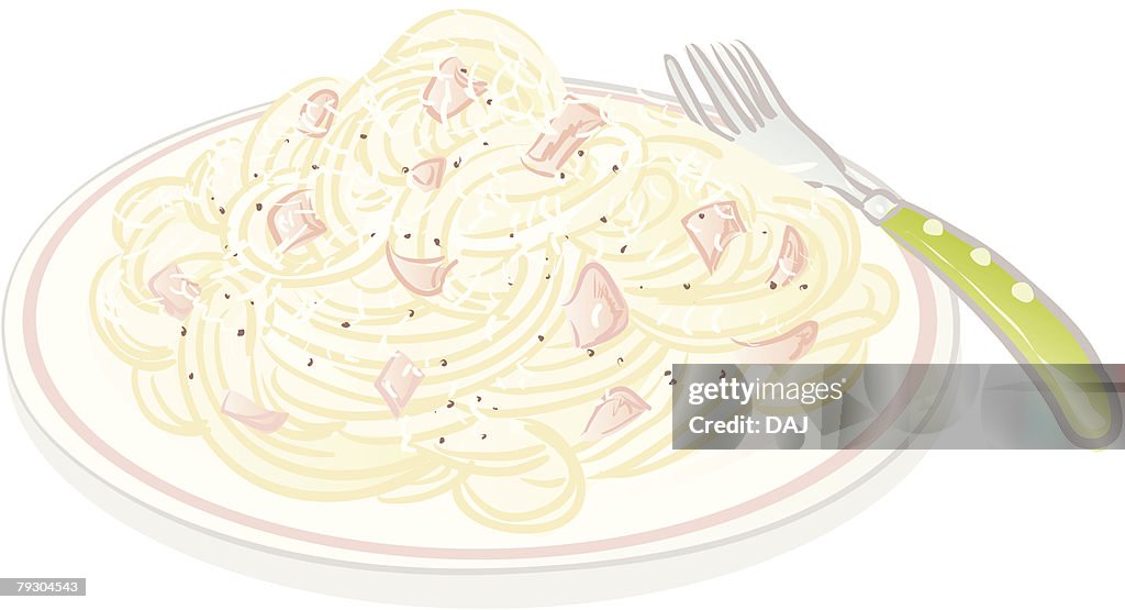 Spaghetti carbonara on plate with fork