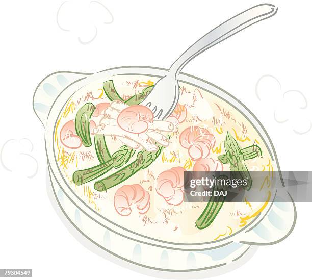 macaroni cheese with shrimps and asparaguses - macaroni cheese stock illustrations
